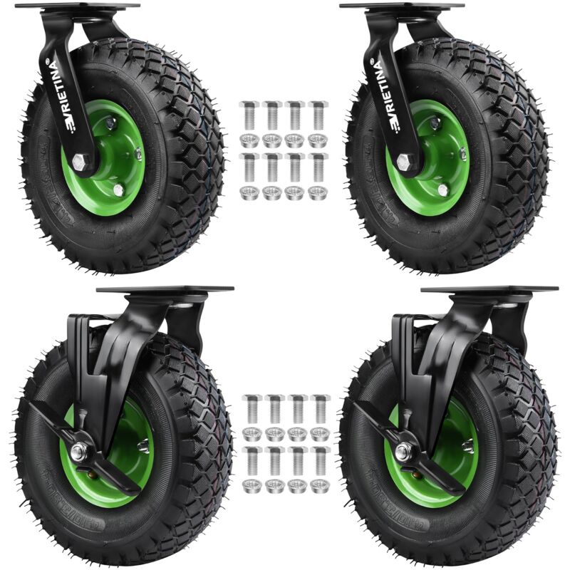 4 Stück 360° Lenkrollen mit Bremse Set Ø 250 x 90 mm Rad, Ruhig Luftrad auf Stahlfelge Schwartz mit Stoßdämpfung, Bollerwagen & Transportwagen Kit (2