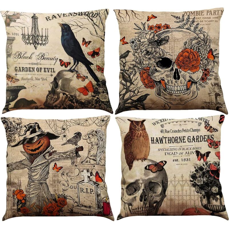 Bluedeer - 4 Stück Halloween Kissenbezug,Vogelscheuche Schädel kürbis Kissen Baumwolle Leinen Halloween deko gruselig Kissenbezug 45x45cm