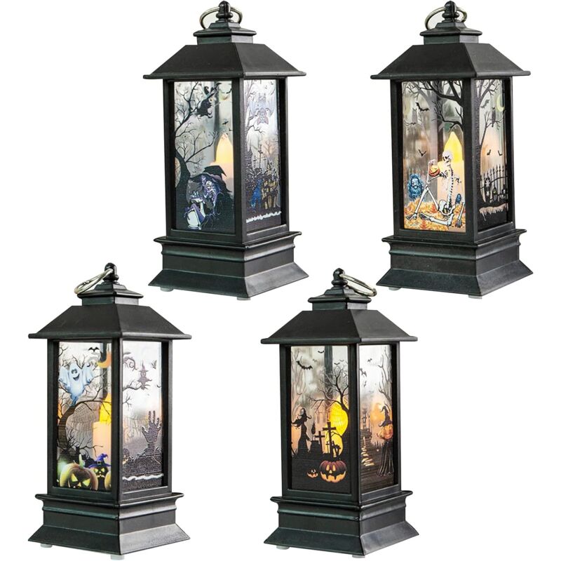 4 Stück Halloween-Laterne, LED-Nachtlicht, Halloween-Laterne, dekorative Kerzenlaterne, Halloween-Hängewindlampe, LED, flackernde flammenlose Kerzen
