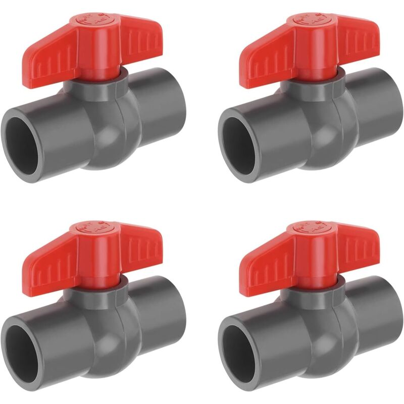 4 Stück PVC-Kugelhahn, Lochdurchmesser 25 mm, PVC-Steckdose, Endabsperrventil, geeignet für Schwimmbäder und Aquarien, rot/grau