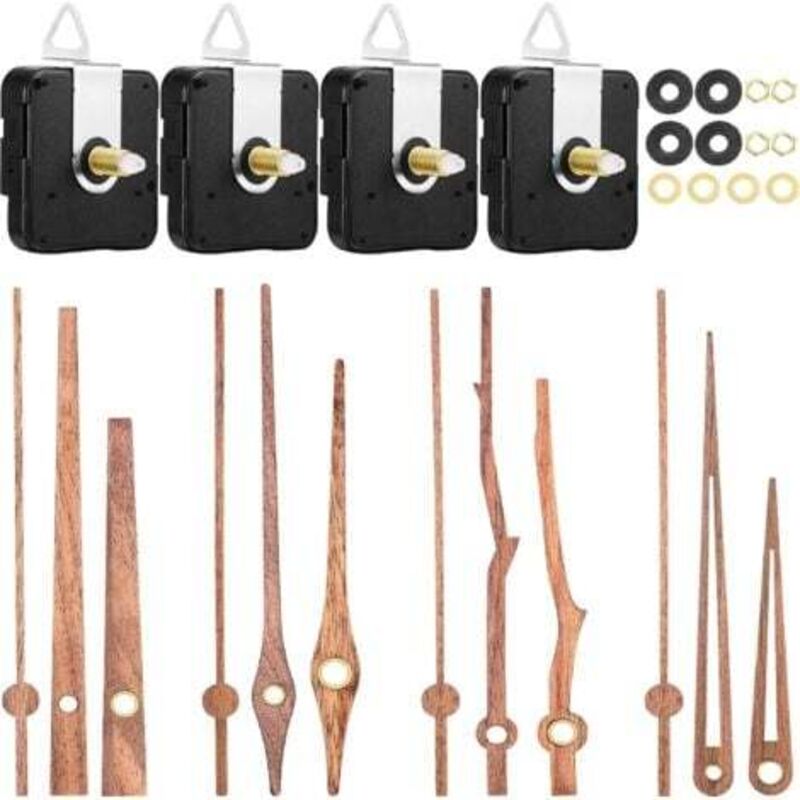 4 Stück Quarz-Uhrwerke mit 4 verschiedenen Zeigern aus Walnussholz, Uhrenzubehör für Reparatur und Austausch von Uhren (geeignet für 12-Zoll-Uhren)