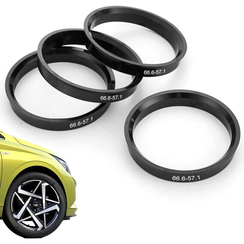 4-teiliger Zentrierring 66,6 bis 57,1 mm, Zentrierring für Autoradnaben, schwarzer Kunststoff-Zentrierring für Felgen, Radnabe, Vibrationsdämpfung,