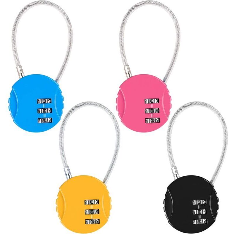 4-teiliges Codeschloss, 3-stelliges Codeschloss (4 Farben), Flugzeugkofferschloss, Code-Kabelschloss für Fahrrad, Reisetasche, Schließfach oder