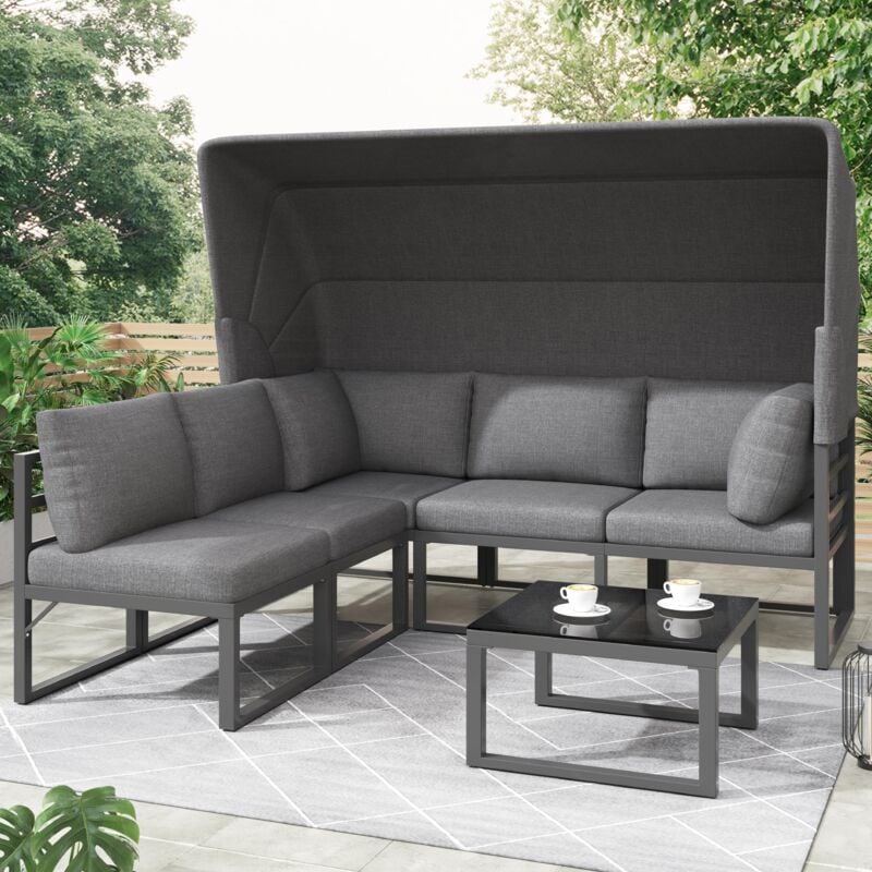 4-teiliges Gartenmöbel-Set aus Eisen, Sofa und Tisch mit Baldachin, wetterbeständig, Sunny Island, Grau