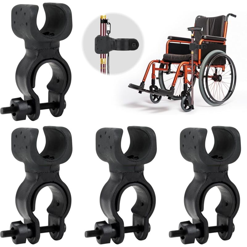 4-teiliges Krückenhalter-Set, Gehstockhalterung, Stockhalter für Rollstuhl, Rollator, Elektroroller und Fahrrad, Zubehör für Rohre mit 2,5 bis 3,5 cm