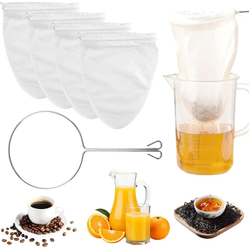4-teiliges Nussmilchbeutel-Set, wiederverwendbare Gemüsemilchfilter, Sieb mit Edelstahlring, zum Kochen, für Käse, Suppen, Fruchtsäfte, Joghurt,