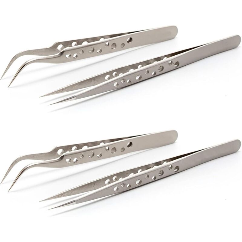 4-teiliges Präzisionspinzetten-Set, 2 gerade und 2 gebogene Spitzen, elektronische Pinzette, antistatisch, Edelstahl, für Reparaturen und