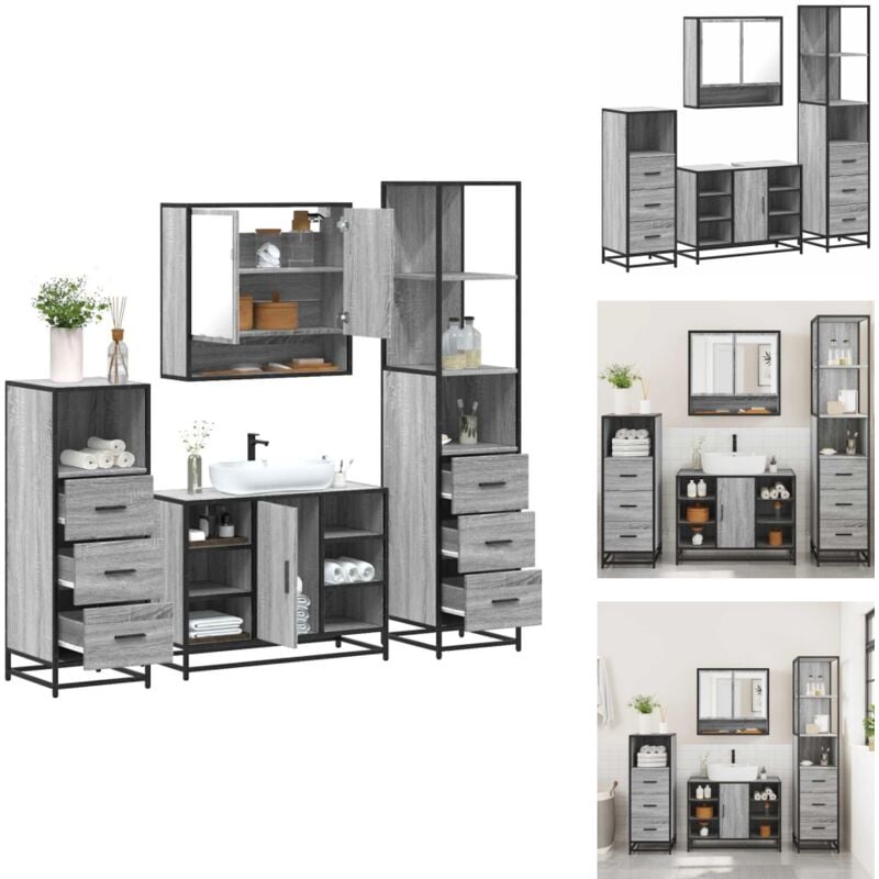 4-tlg. Badmöbel-Set Grau Sonoma Holzwerkstoff - Badmöbel Set - Badmöbel Sets - Badmöbelset - Badmöbel