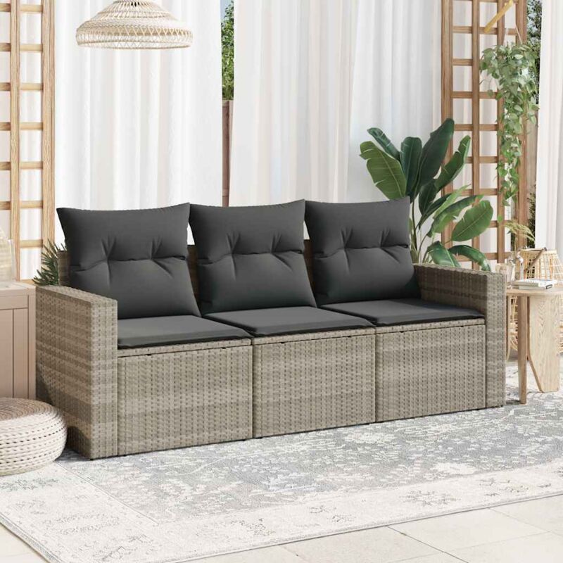 3-tlg. Garten-Sofagarnitur mit Kissen Hellgrau Poly Rattan - Vidaxl