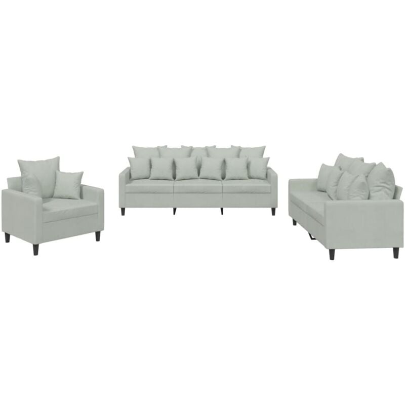 3-tlg. Sofagarnitur mit Kissen Hellgrau Samt vidaXL