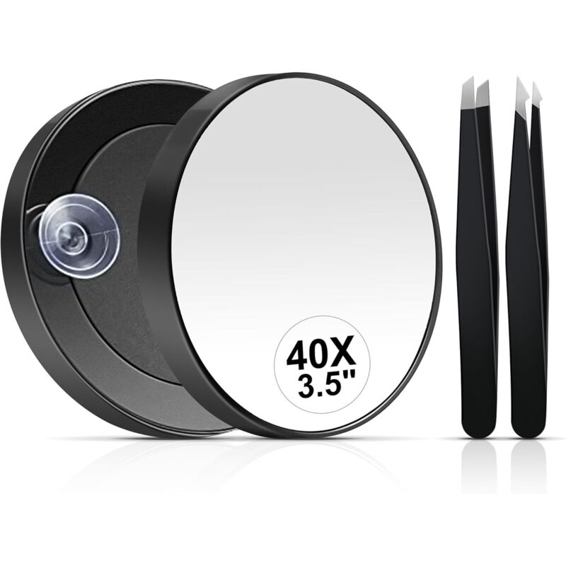 40X Vergrößerungsspiegel, Kleiner Vergrößerungsspiegel mit Saugnapf und Pinzette, als Reisespiegel, kompaktes Spiegelset zum Zupfen von Augenbrauen
