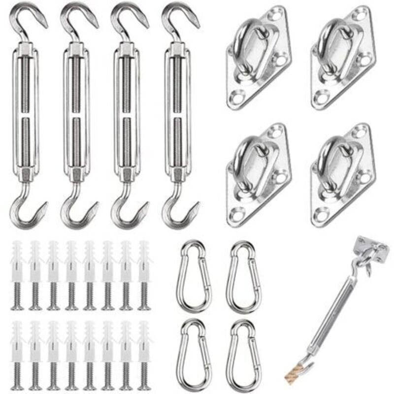44-teiliges Sonnensegel-Montageset, Sonnensegel-Montageset aus Edelstahl, Befestigung für Dreieck und Quadrat, Rechteck, Sonnensegel