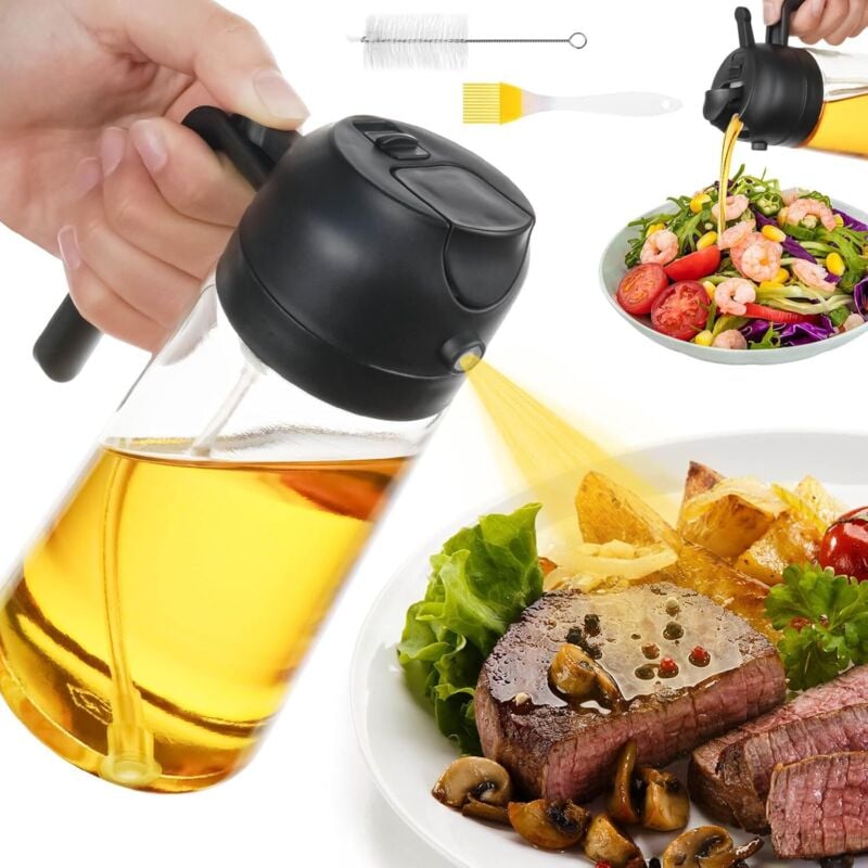 470ML Öl Sprühflasche, 2 in 1 Ölspender und Ölsprüher, Ölsprüher für Speiseöl, Sprühflasche für Olivenöl, Cooking Oil Sprayer für Olivenöl (Schwarz)