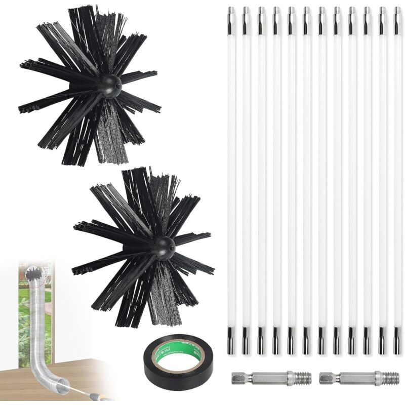 4,8 m Kaminkehrset für Pelletöfen, Kaminkehrigel Ø 150 mm, 9 flexible Kaminkehrstangen à 410 mm, verwendbar mit Bohrschrauber für Kamin, Rohre,