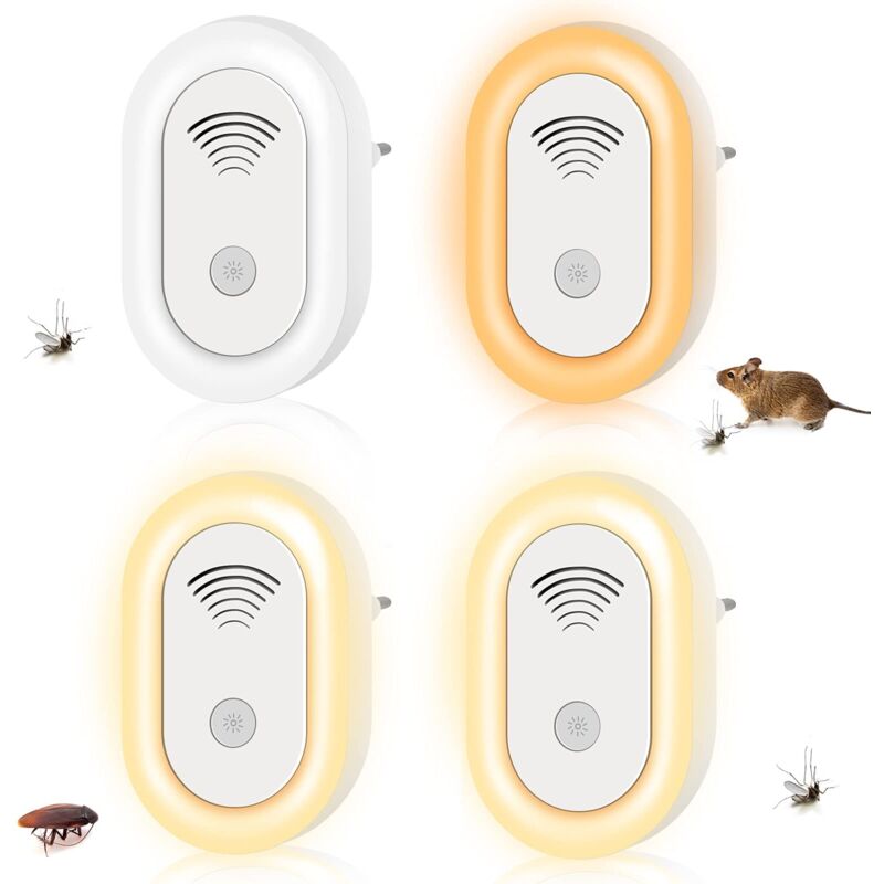 4er-Pack Ultraschall-Nagetierabwehrmittel, 20–65 kHz Frequenzvariation, mit Schrecklichtabwehr für vielseitige Szenarien gegen Nagetiere, Ratten,