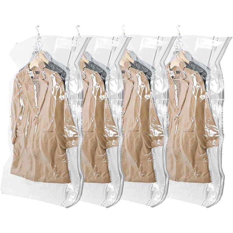 4er-Pack Vakuum-Kleidersäcke mit Haken, sparen Sie 80 % Platz, 70 x 105 cm, transparent, geeignet für Kleidung, Kleider, Anzüge, Jacken mumu