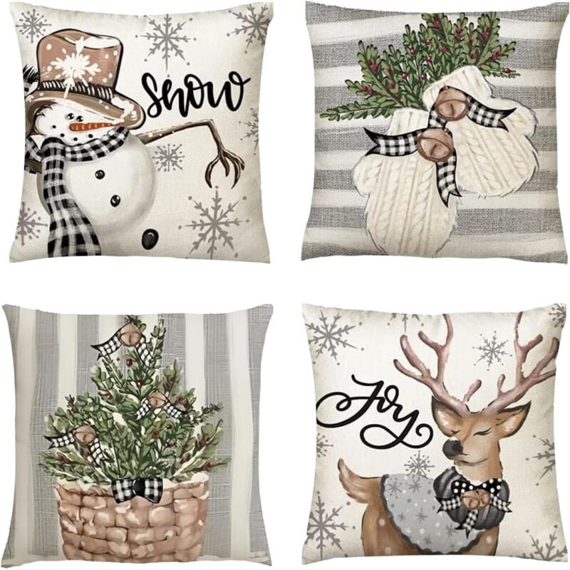 4er Set Kissenbezug Weihnachten, Leinen Dekokissen, 45x45cm Weihnachten Kissenbezug, Dekorative Kissenhülle mit Schneemann Rentier Handschuhe Muster