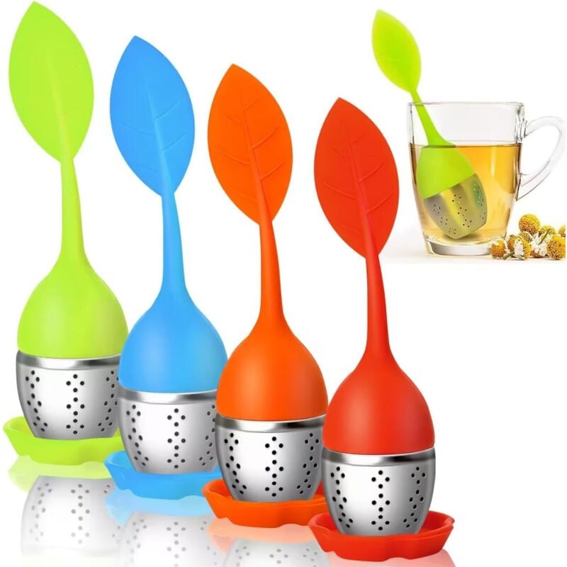 4er-Set Tee-Eier aus Edelstahl mit Filter und Diffusor, Tee-Ei mit Silikongriffen, Teesieb mit Deckel und Untertasse, Tee-Ei für Kräutertee (Grün,