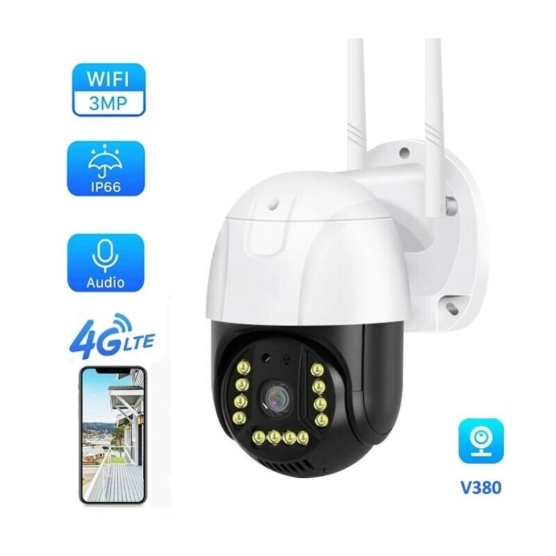 Qiedie - 4G-Überwachungskamera für den Außenbereich, 360°-PTZ-IP-Kamera mit automatischer Verfolgung, 4G-Kamera, Menschenerkennung, Farbnachtsicht,