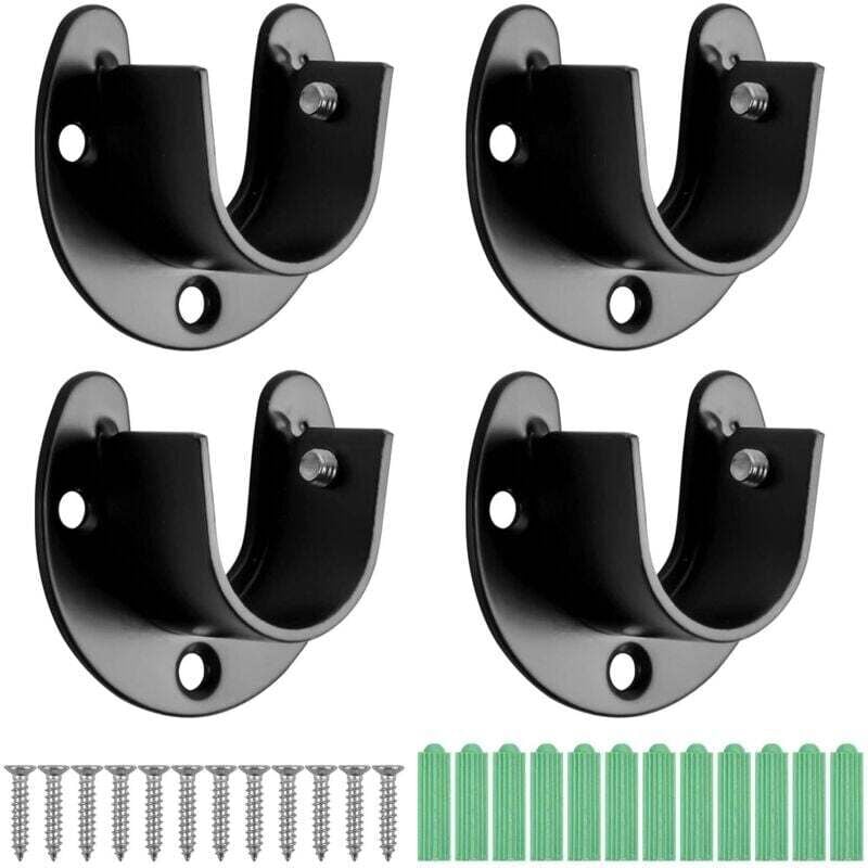 ZVD - 4Pcs u Shaped Curtain Rod, 25mm Curtain Rod End Bracket, Stainless Steel Closet Pole Sockets, Flange Bracket, Closet Rod End with Screws, Black