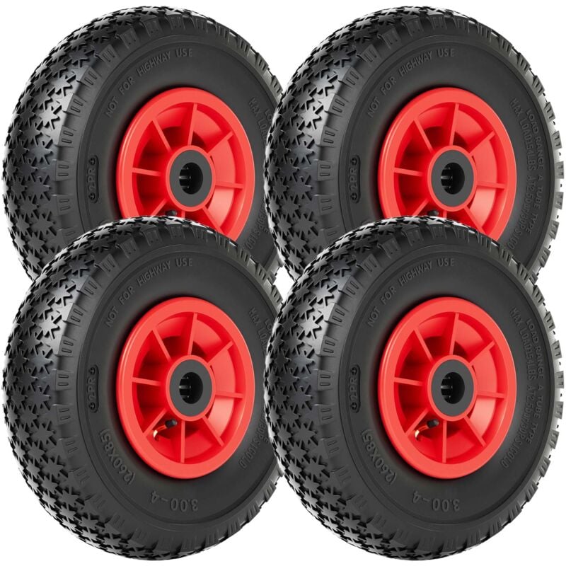 4x Rad 3.00-4 85 x 260 mm 90 kg, HT2046 Schubkarren Komplettrad mit Kunststofffelge, Winkelventil, Luftreifen für Sackkarre, Bollerwagen u.a .
