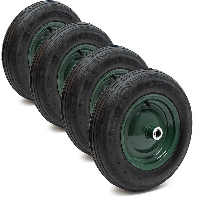 Wiltec - 4x Rad 3.50-8 370-380 x 80-100 mm 130 kg, Schubkarren Komplettrad mit Metallfelge, Winkelventil, Luftreifen für Sackkarre, Bollerwagen u.a .
