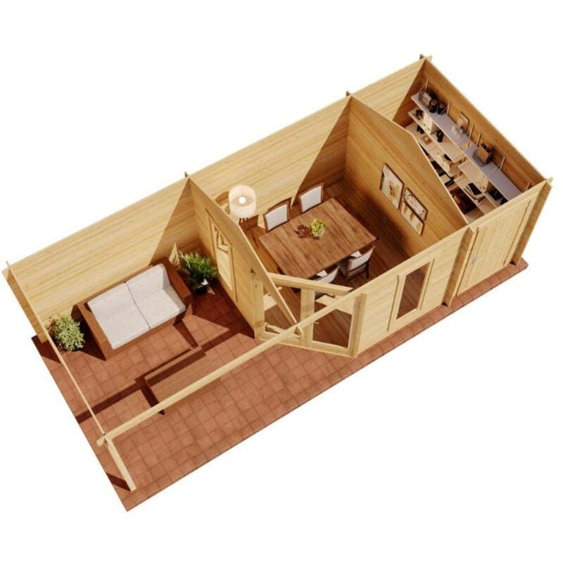 5-Eck Gartenhaus Liwa mit Anbau Gartenhaus aus Holz in Pinie, Holzhaus mit 40 mm Wandstärke inklusive Terrasse, Blockbohlenhaus mit Montagematerial
