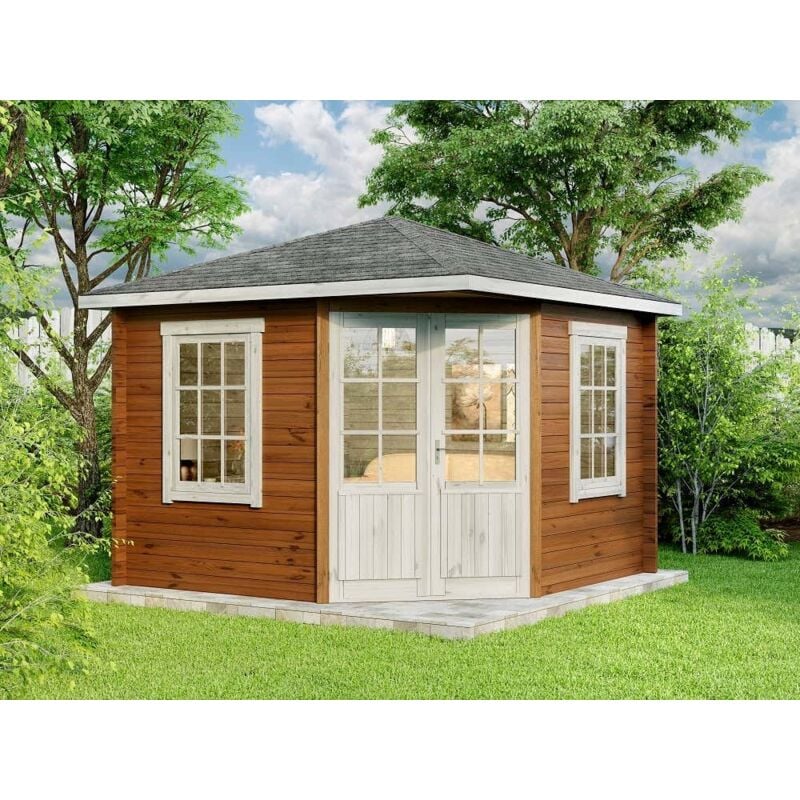 5-Eck Gartenhaus Modell Monica Gartenhaus aus Holz in Grau, Holzhaus mit 40 mm Wandstärke, Blockbohlenhaus mit Montagematerial Imprägniert Grau