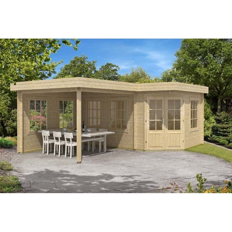 5-Eck Gartenhaus Pepe Gartenhaus aus Holz in Pinie, Holzhaus mit 40 mm Wandstärke inklusive Terrasse, Blockbohlenhaus mit Montagematerial - Alpholz
