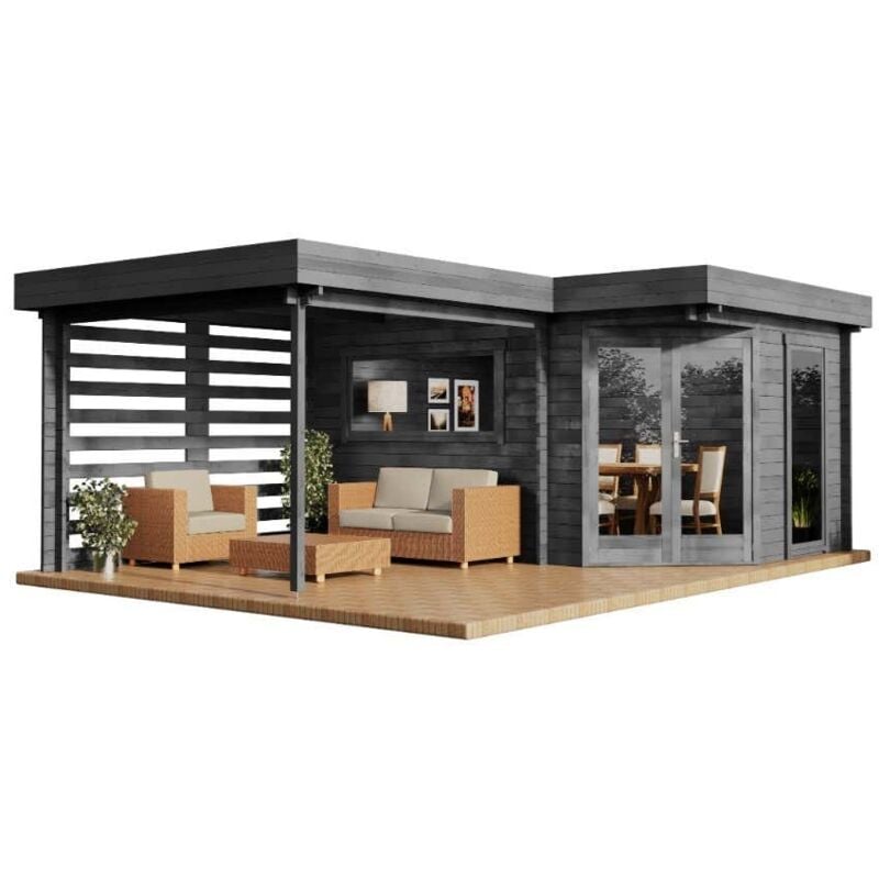 5-Eck Gartenhaus Pepe Optima Gartenhaus aus Holz in Grau, Holzhaus mit 40 mm Wandstärke, Blockbohlenhaus mit Montagematerial - Alpholz