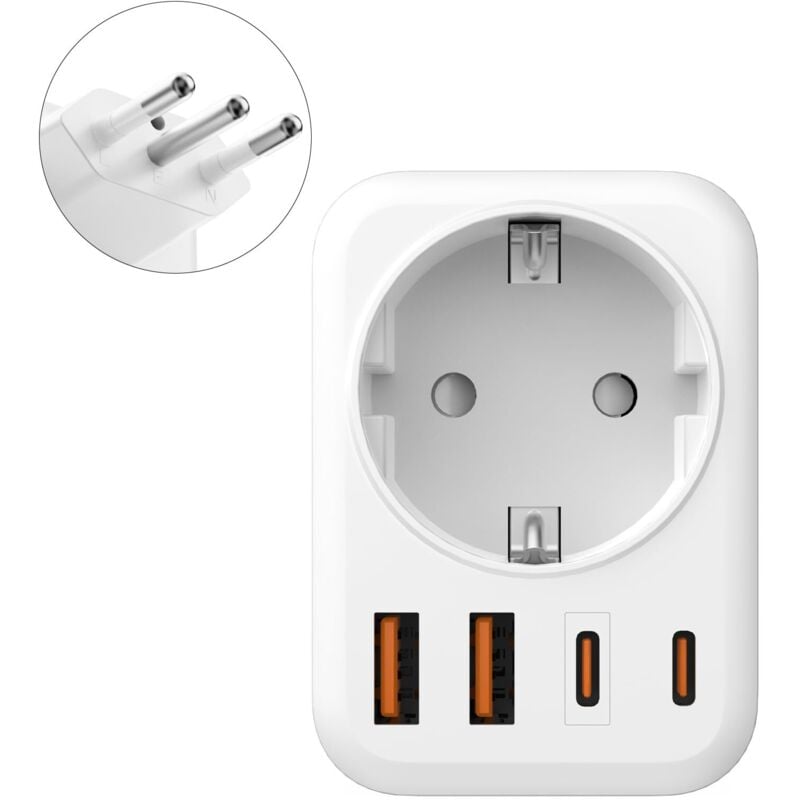 5-in-1-Steckeradapter Italien auf Frankreich, italienischer Steckeradapter, 2 USB C, 2 USB A, Europa FR 2-polig auf US 3-polig, für Italien, Chile,