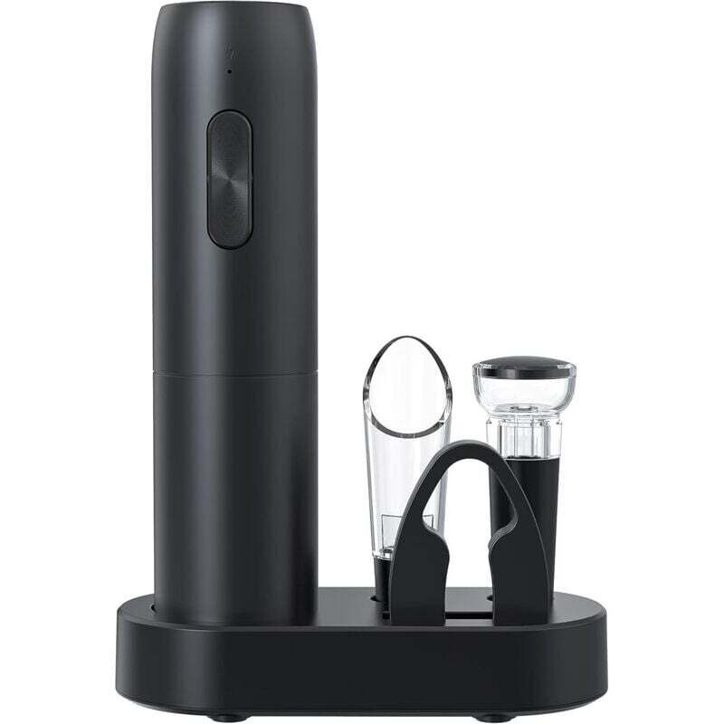 5-in-1 Wiederaufladbarer elektrischer Korkenzieher, Schwarz – Flaschenöffner + Folienschneider + Ausgießer + Weinstopper + USB-Kabel – Professionell