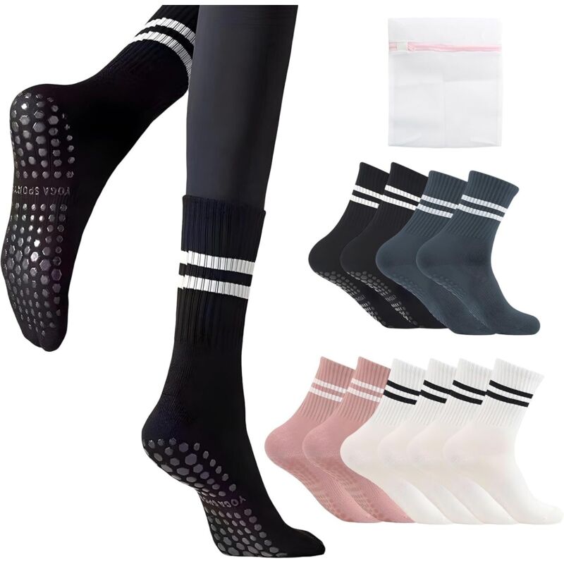 5 Paar Stoppersocken Damen Streifen Baumwolle Yoga Socken Antirutschsocken Damen für Pilates Yoga Trampolin Fitness Aerobic 35-42
