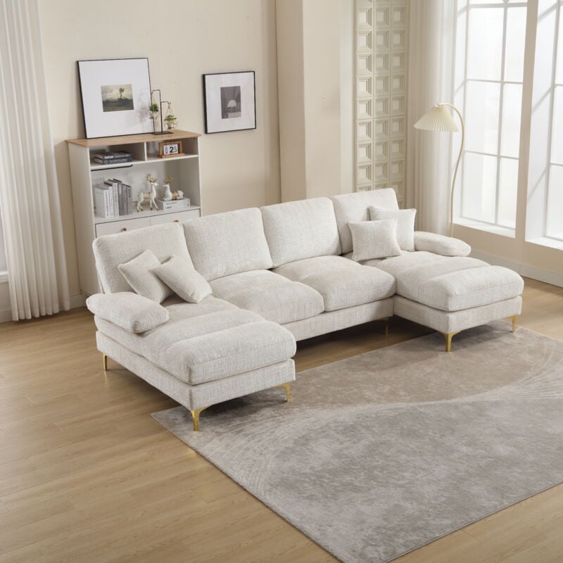 5-Sitzer-Sofa aus Chenille, modernes skandinavisches U-förmiges Sofa mit 4 Kissen, Kissen für Wohnzimmer, Schlafzimmer, Beige