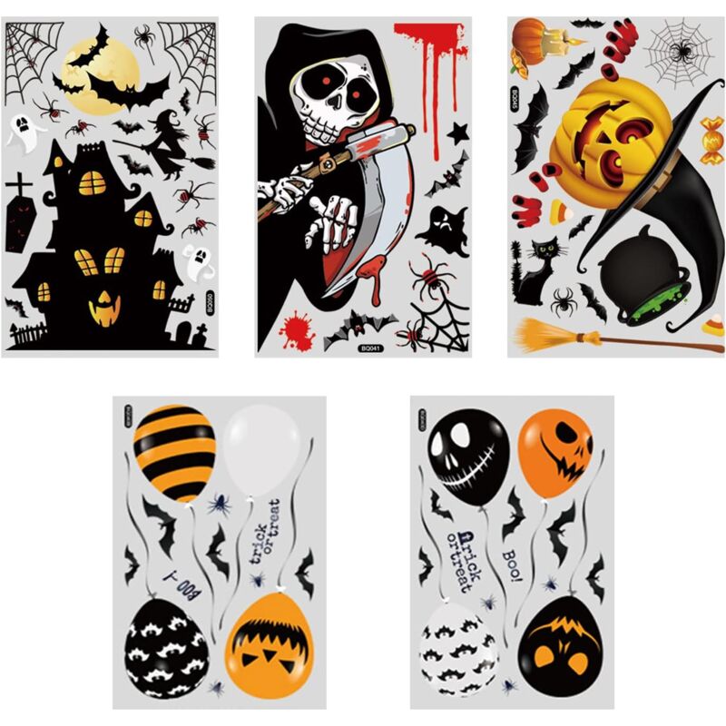 5 Stück Halloween-Fensteraufkleber, Reaper Castle, Kürbis, Fledermaus, Luftballons, Halloween-Party-Dekorationen, Fensteraufkleber