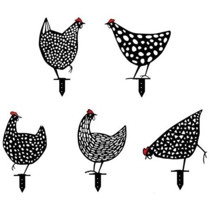 5-teilige Gartenhenne, Hühnerhof-Kunst, Garten-Rasenboden-Dekoration, Metall-Tier-Silhouette-Gartenpfähle, hohle Hahn-Statue-Dekoration für den Hof