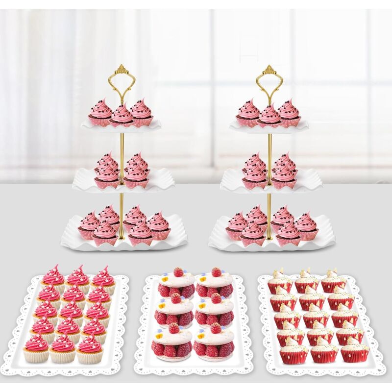 5-teiliges Dessertständer-Set: 2 Cupcake-Halter, 3 Serviertabletts für Snacks, Geburtstage, Babypartys (gewelltes Quadrat)