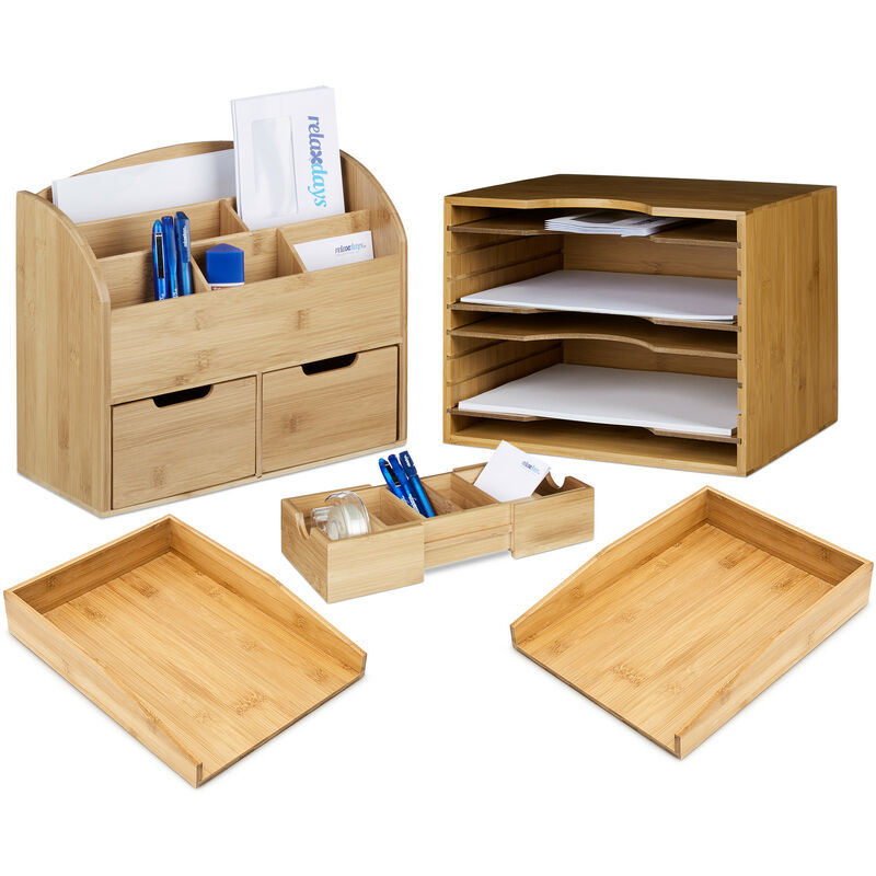 Relaxdays - 5tlg. Schreibtisch Set xxl aus Bambus, 2 Briefablagen für A4 , 2 Organizer mit Fächern, Visitenkartenorganizer, natur