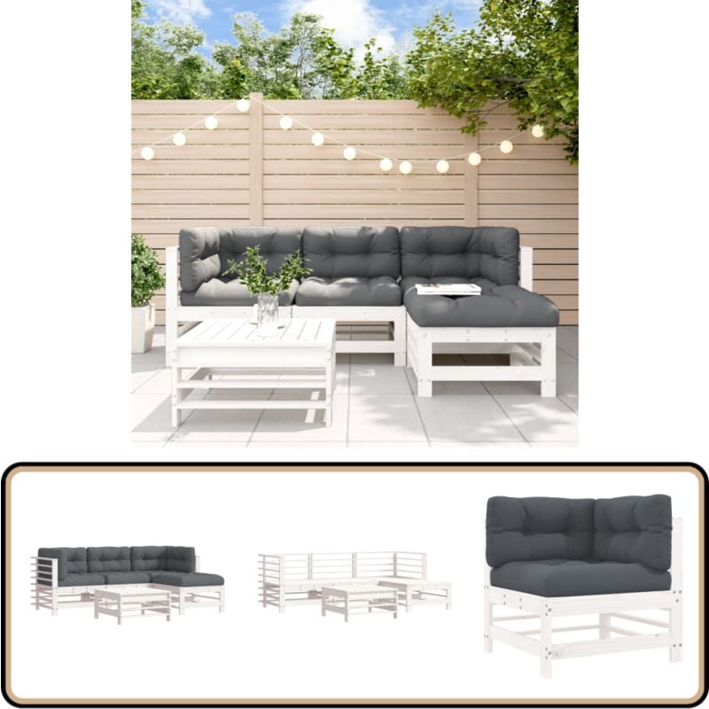 5-tlg. Garten-Lounge-Set mit Kissen Weiß Massivholz - Gartenmöbel - Loungesessel - Rattan Möbel - Holz Gartenmöbel - Esszimmergarnituren