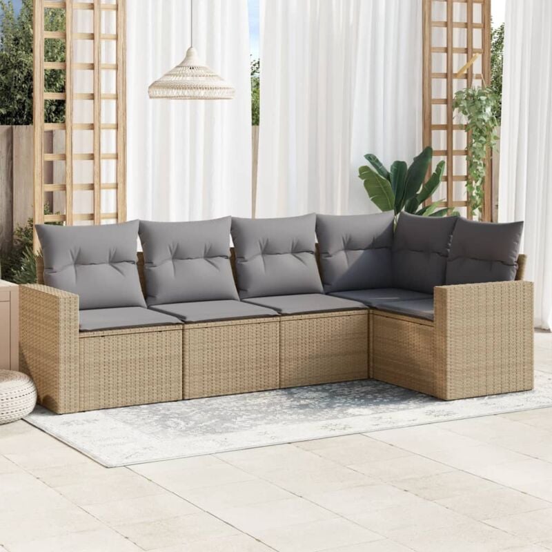5-tlg. Garten-Sofagarnitur mit Kissen Beige Poly Rattan - Vidaxl