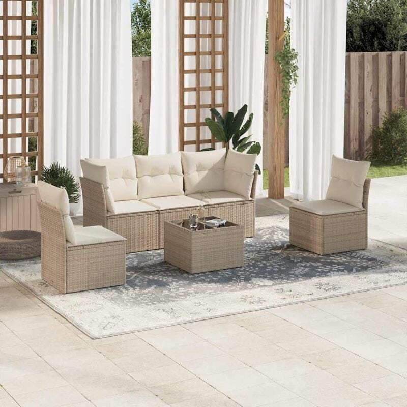 6-tlg. Garten-Sofagarnitur mit Kissen Beige Poly Rattan - Vidaxl