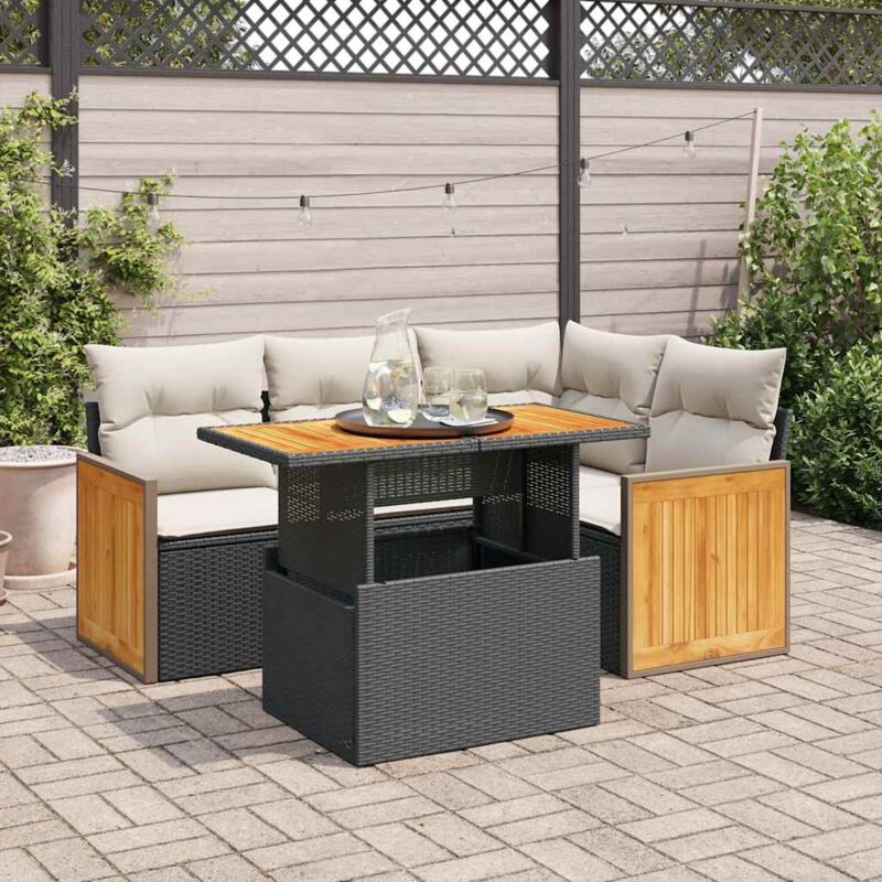 5tlg. Garten-Sofagarnitur mit Kissen Schwarz Poly Rattan Akazie - Vidaxl