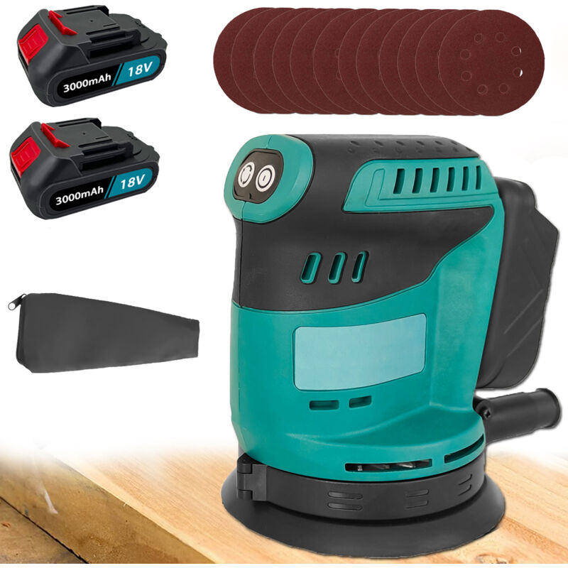 5-Zoll-Akku-Exzenterschleifer, 6 Geschwindigkeiten, Elektroauto-Holzschleifer, Staubbeutel, 12 Schleifscheiben,2 3.0-A-Akku + Ladegerät, kompatibel