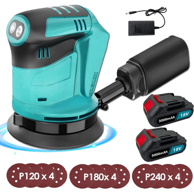 5 Zoll kabelloser bürstenloser Exzenterschleifer, Schleif- und Poliermaschine, 3 Geschwindigkeiten, 12 Scheiben (120 mm/180 mm/240 mm), 2 x 3000 mAh