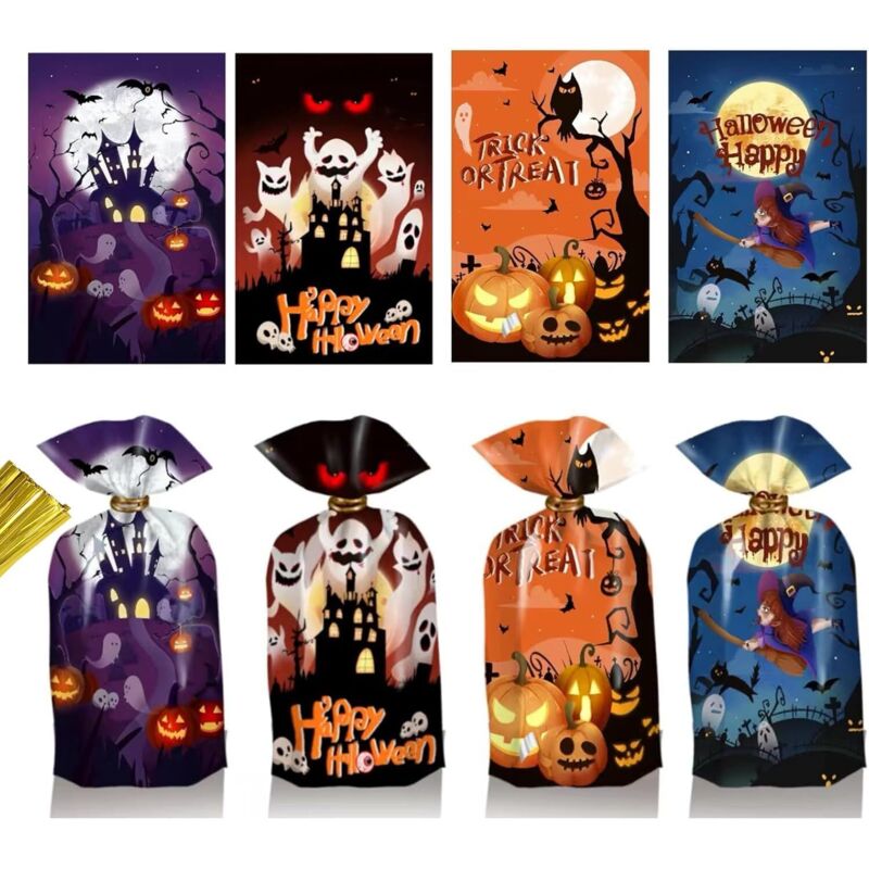 50 Halloween-Geschenktüten, Zellophan-Geschenktüten für Halloween-Kekse mit Bändern (4 Designs)