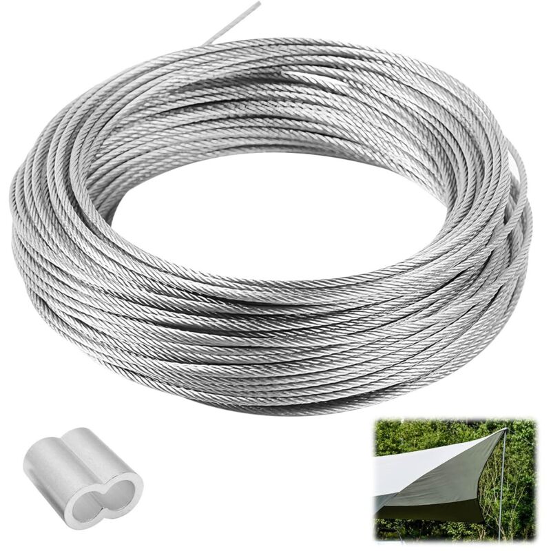 50 m x 1 mm Stahldrahtseil, Drahtseil mit 50 Aluminium-Crimpschlaufen, flexibles Edelstahlseil, Hochleistungs-Aufhängedraht für Wanddekorationen, Foto