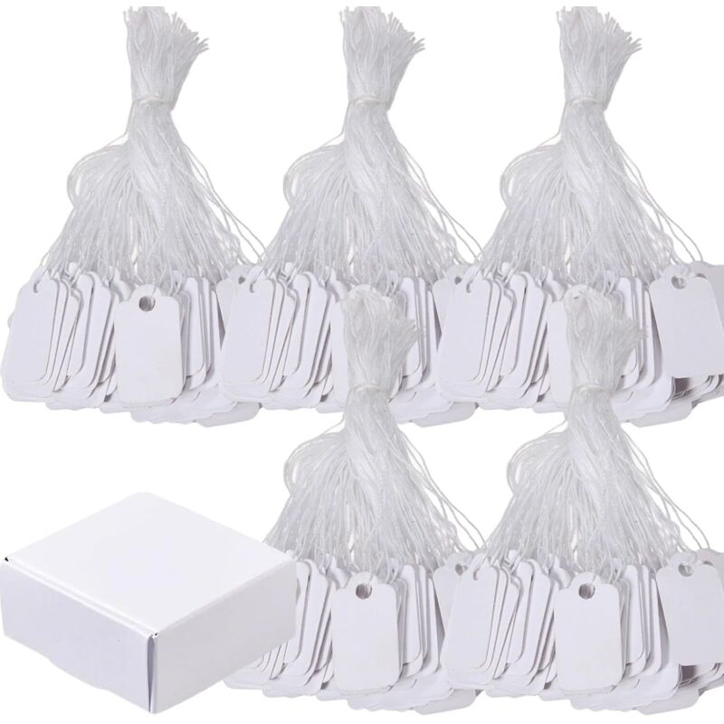 500 Preisschilder, 24 x 15 mm, weiß, mit Schnur und weißer Schachtel, beschreibbare Preisschilder aus Papier, für Kleidung, Schmuck und Geschenke