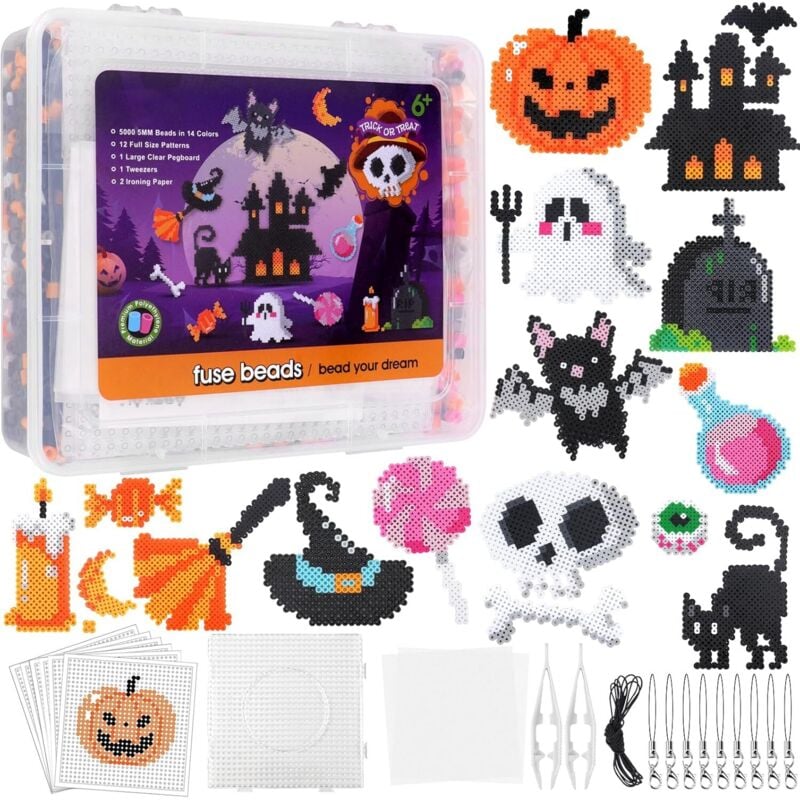 5000 Bügelperlen Halloween Set, 5 mm Steckperlen mit Steckplatte, 16 Muster, Bügelpapier, Anhänger und Zubehör zum Basteln Handwerk Halloween Deko