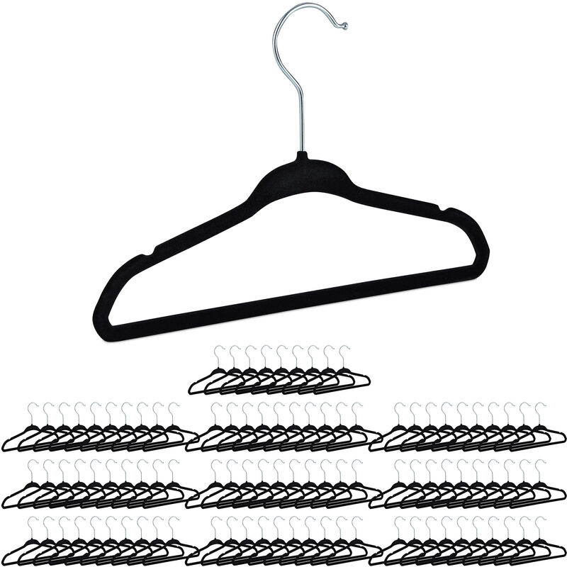 100 x Kinderkleiderbügel Samt, rutschfeste Kleiderbügel, Steg & Kerben, Mädchen & Jungen, drehbar, Kinderbügel, schwarz