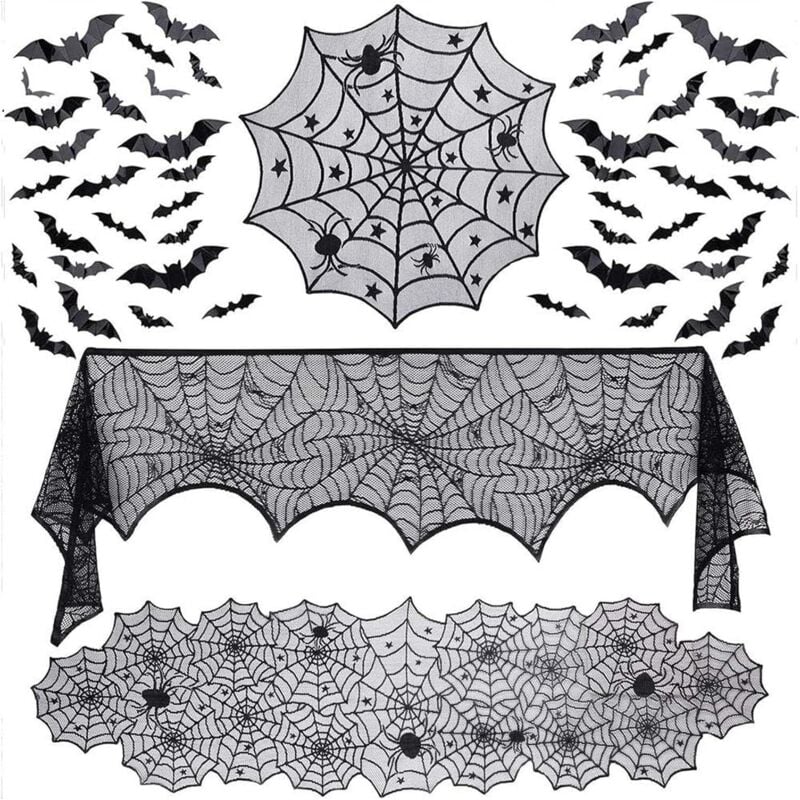 Bluedeer - 51pcs Halloween Dekorations Set, Spitzen Spinnennetz Tischläufer, Runde Spinnennetz Tischdecke,Kaminschal,3D Fledermausaufkleber Halloween
